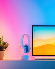 Aufkleber - Immersive Digital Workspace Gradient Aesthetic Meets Productivity - Next-Gen Content Creation Setup with Wireless Headphones and Vibrant Minimalist Design