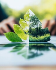 Poster - Eco-Innovative Visual Metaphor Sustainable Green Technology Merging Natural Leaf Design with Digital Landscape for Corporate Environmental Strategy and Climate Transformation