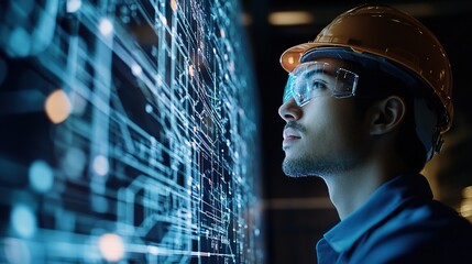 Poster - Industrial Worker Examining Futuristic Digital Technology Interface