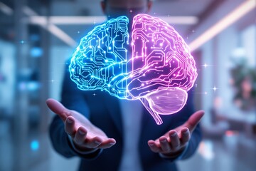 Aufkleber - futuristic digital brain with circuit patterns floating above hands.