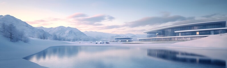 Aufkleber - Modern building by a snowy lake with mountains in the background during sunset.