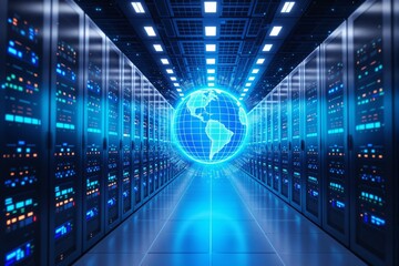 Poster - Futuristic data center with glowing digital globe.