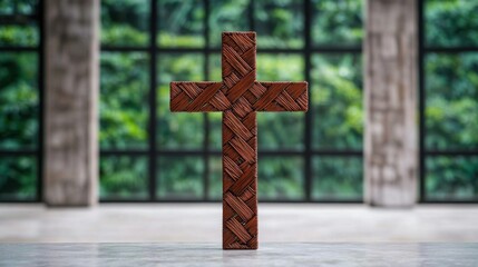 Poster - Modern minimalist church designs Concept, Minimalist Cross Sculpture Made from Interwoven Materials in a Modern Decor Setting with Natural Light