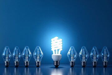 Poster - Glowing energy-saving bulb among traditional bulbs on blue background.