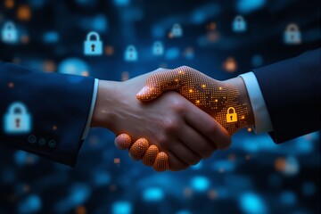 Poster - Digital handshake symbolizing cybersecurity and trust in business technology.