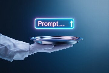 Poster - futuristic concept of ai prompt service with a neon glowing text box above a silver tray held by a g
