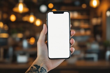Poster - Close-up of hand holding smartphone with blank white screen in blurred cafe.
