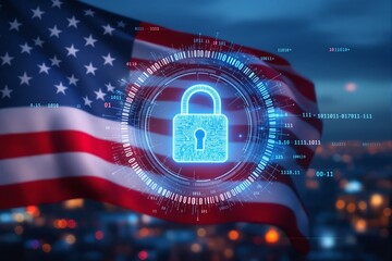 Poster - Cybersecurity concept with digital padlock and American flag.