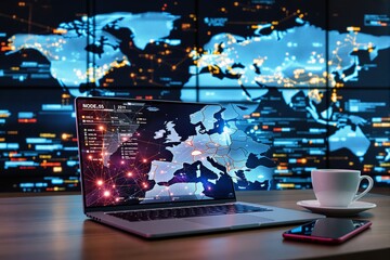 Poster - Cybersecurity concept with laptop displaying digital world map and data connections on desk.