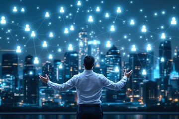 Poster - Businessman connecting with global network in futuristic cityscape.