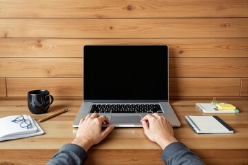 Poster - Person working on laptop at wooden desk with office supplies.