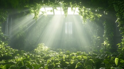 Leinwandbilder - Lush green foliage illuminated by soft sunlight streaming through a window.