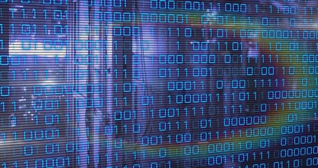 Poster - Binary code overlaying cityscape, representing digital animation technology concept