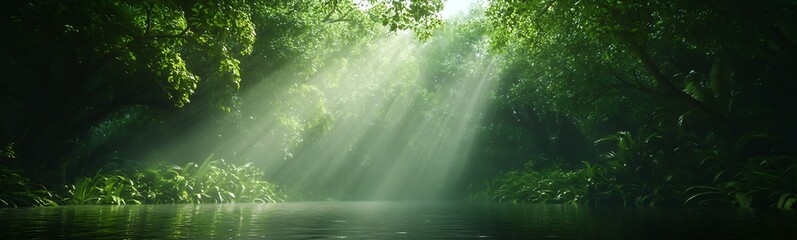 Leinwandbilder - A serene forest scene with sunlight filtering through dense foliage over a calm water surface.