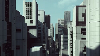 Fototapete - A brutalist-style city with sharp geometric designs and high contrast