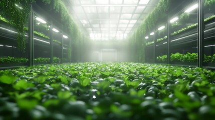 Aufkleber - Lush greenery thrives in a modern indoor farm, illuminated by soft overhead lighting.