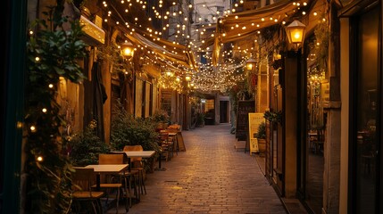 Poster - A cozy European alleyway with warm golden lights and vintage cafes