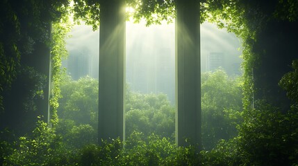 Poster - A serene view of a city framed by lush greenery and sunlight filtering through tall trees.