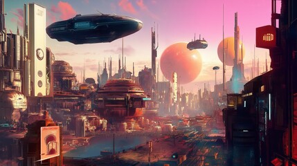 Poster - A distant planetary colony with high-tech buildings and floating vehicles