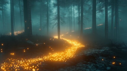 Poster - A foggy pine forest with a mysterious glowing path leading inside.