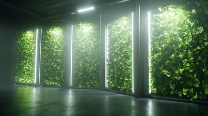 Poster - Indoor vertical gardens with illuminated green walls create a serene atmosphere.