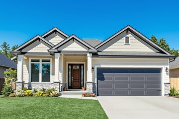 Aufkleber - Modern suburban house with elegant architectural design and landscaped front yard.