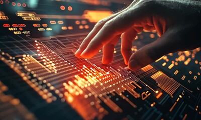 Poster - Abstract Digital Interface with Glowing Circuit Board and a Hand Touching the Surface in Blue and Orange Tones