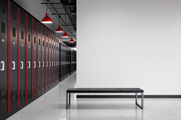 Poster - Modern locker room interior with empty wall and bench.