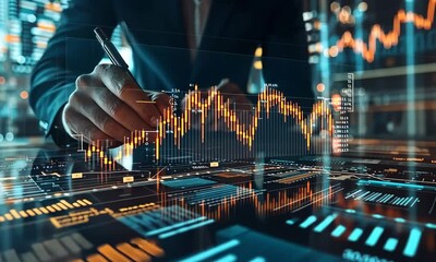 Poster - Abstract Financial Chart Analysis With Hand Hovering Over Holographic Display in Dark Business Setting With Data Diagrams