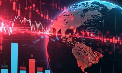 Poster - Abstract Globe with Red Blue Chart Background for Market Analysis and Financial Visualization