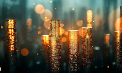 Poster - Abstract Stacks of Golden Coins with Defocused Cityscape Background Symbolizing Finance Business and Economic Growth