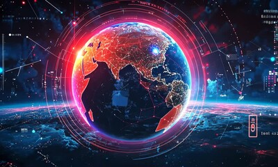 Poster - Abstract Rendering of Earth with Glowing Network Overlays and Technological Elements with a Dark Blue Background