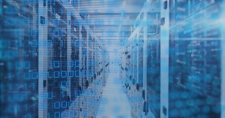 Poster - Animation of binary code overlaying futuristic server racks in data center