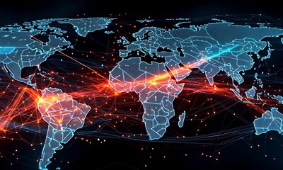 Poster - Abstract World Map Network with Glowing Connections in Dark Background for Global Communication