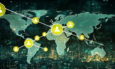 Poster - Abstract World Map Network with Yellow Person Icons over Cityscape at Night with Connectivity Lines