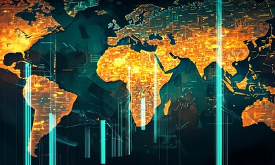 Poster - Abstract World Map with Orange Continents and Teal Lines on Dark Background