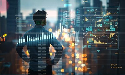 Poster - Back View of Man Observing Cityscape with Overlayed Financial Chart in Blue Tone