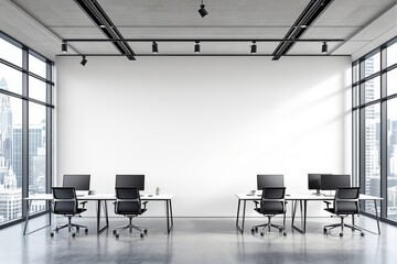 Poster - Modern office interior with empty white wall and minimalist workspace.