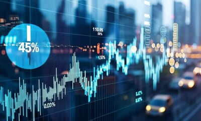Poster - Blue Financial Graph Overlaying Urban Traffic During Night with Stock Market Data and Futuristic Investment Analysis