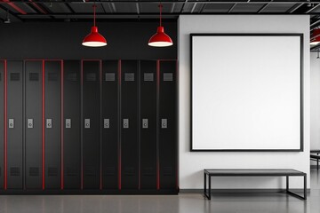 Poster - Modern interior with lockers, blank frame, and bench.