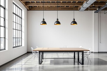 Poster - Modern industrial office interior with wooden ceiling, large windows, and minimalist furniture.
