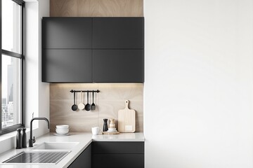 Aufkleber - Modern kitchen interior with black cabinets and blank white wall for design.
