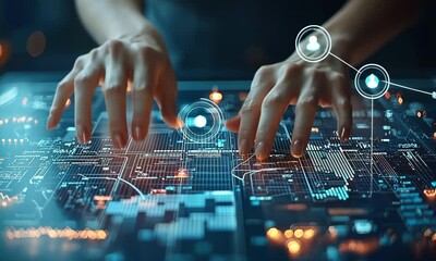 Poster - Close Up Hands Touching Futuristic Holographic Technology Display in Dark Background