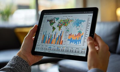 Poster - Close Up of Hands Holding Tablet Displaying Colorful World Map and Data Analysis Charts Against Blurry Background