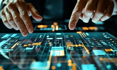 Poster - Close Up of Hands Interacting with an Advanced Blue and Orange Digital Touchscreen Interface with Futuristic Data Display