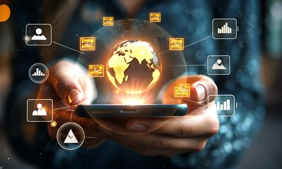 Poster - Close Up Of Woman Holding Phone Displaying Holographic Global Network in Dark Background