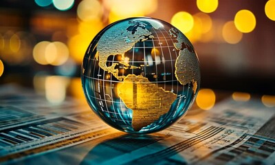Poster - Crystal Earth Globe with Golden Continents Resting on Modern Electronic Circuit Board and Glowing City Lights Background