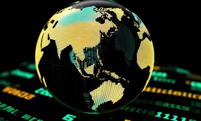 Poster - Data Stream World Globe with Intricate Network Texture on Black Background with Green Code Display for Modern Technology Design