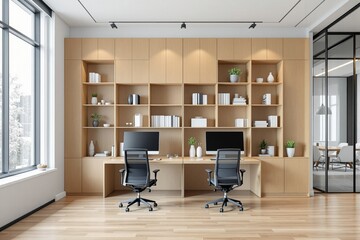 Poster - Modern home office interior with wooden built-in shelves, dual workstation, ergonomic chairs, and large windows allowing natural light.