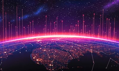 Poster - Digital Earth Globe with Glowing Cities and Data Connections in a Cosmic Space Background
